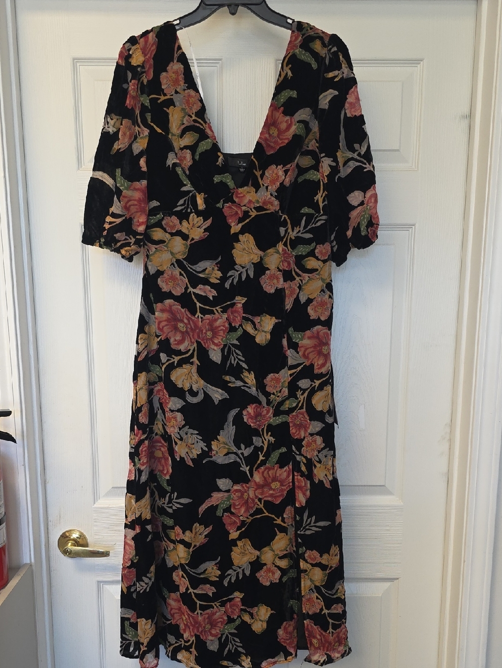 Lulus Floral V-Neck Black Velvet(ish) Midi Dress with Pink and Mustard Blooms